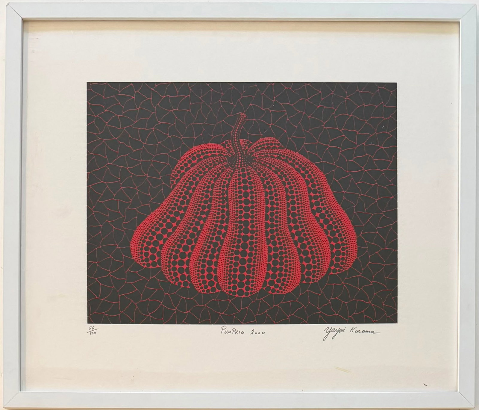 Yayoi Kusama Japanese Born 1929 Pumpkin lithograph on paper Year 2000: Title: Pumpkin Technique: Lithograph on paper Measures: 22 x 30 inches (55.9 x 76.2 cm) Year: 2000 Edition: Numbered 66/120 Condition: Good condition. The lithograph presents rich color saturation wit