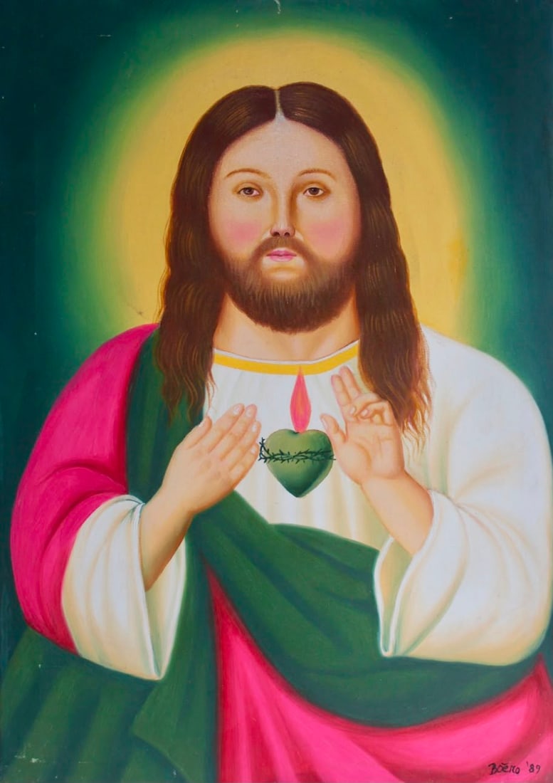 Fernando Botero Colombian Oil on Canvas painting Sacred Heart of Christ.: Title: Sacred Heart of Christ Technique: Oil on canvas Measures: 27¾ x 20 inches (70 x 50 cm) Year: 1989 Condition: Good condition. The painting retains strong color saturation and a well-prese