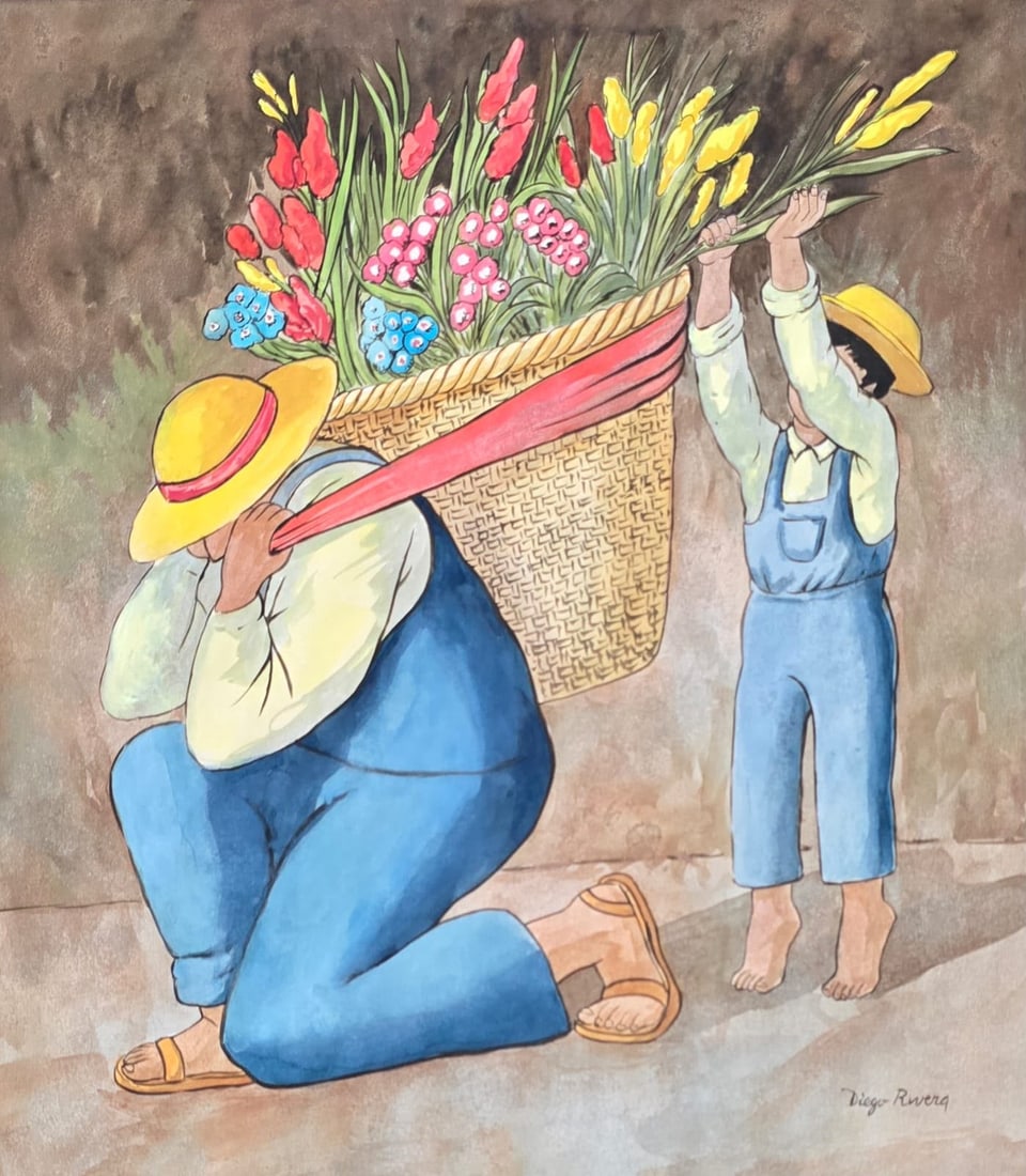 Diego Rivera Mexican 1886-1957 watercolor on paper drawing in the style of.Kahlo,Picasso,Dali,Era: Title: Flower Vendors Technique: Watercolor on paper Measures: 13 x 11 inches (33 x 27.9 cm) Year: Circa mid-20th century Mexican Muralist Period Condition: Good condition. The sheet presents well-pre