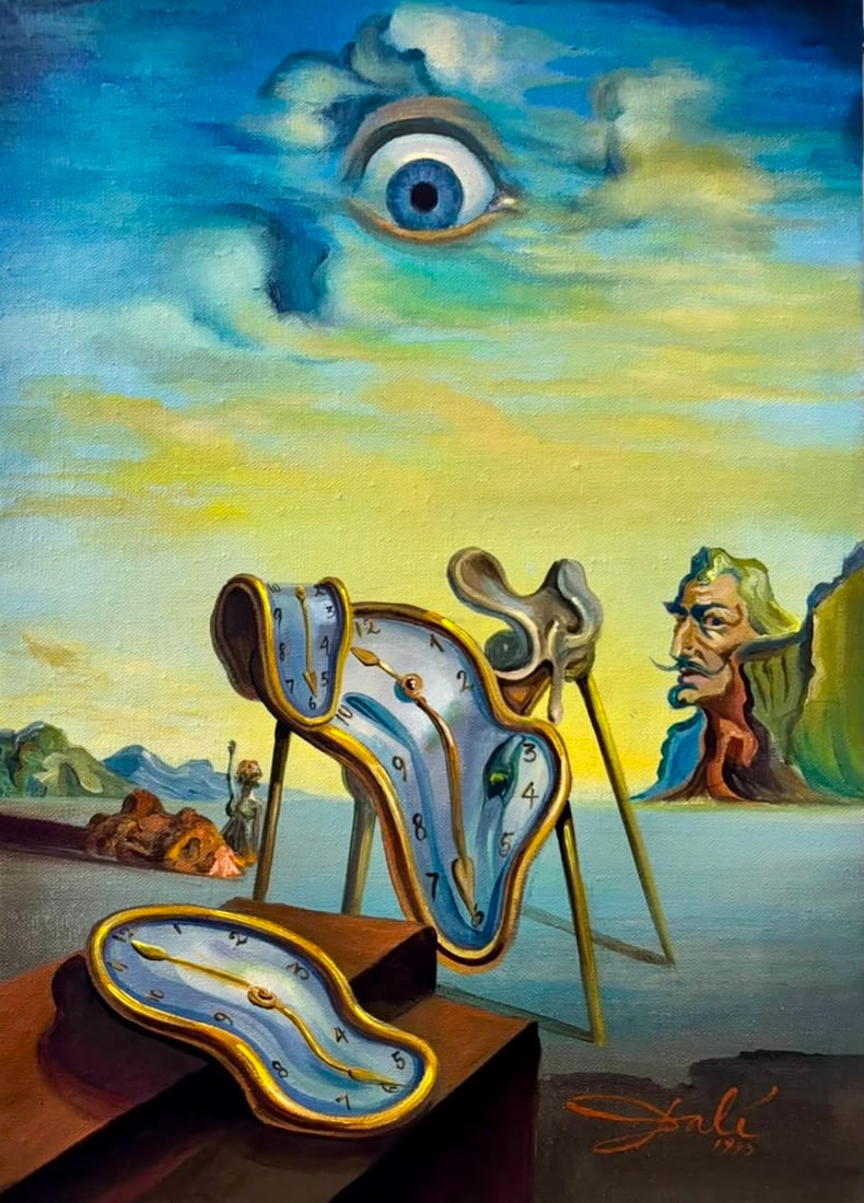 Salvador Dali Spanish 1904-1989 oil on canvas painting The Persistence of Time in the style of.Miro: Title: The Persistence of Time Technique: Oil on canvas Measures: 15 x 10 inches (38.1 x 25.4 cm) Year: Circa mid-20th century Surrealist Period Condition: Good condition. The surface presents stable 