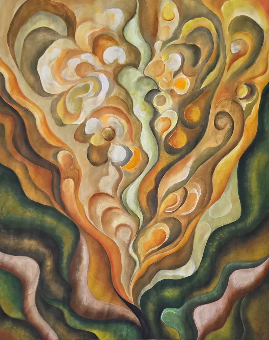Georgia O'Keeffe (American, 1887–1986) Floral Composition In the Style of Oil on Canvas. Pollock: Title: Untitled (Abstract Floral Composition) Technique: Gouache on paper Measures: 17 x 13 inches (43.2 x 33 cm) Year: Mid-20th Century American Modernist Period Condition: Good condition. The gouach