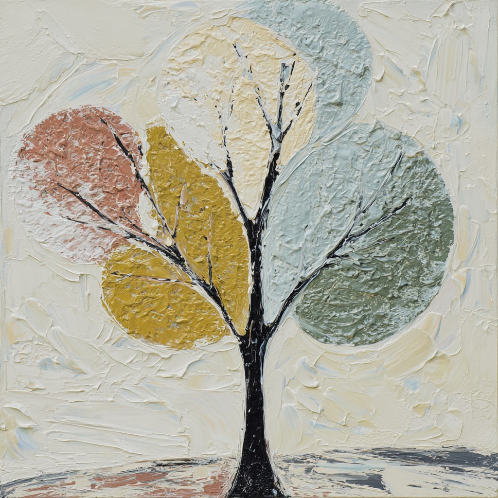 Seasons of Becoming. Acrylic print on panel. By the IAAG Artists Group. Contemporary.: Title: Seasons of Becoming Technique: Acrylic print on panel Measures: 20 × 20 inches (51 × 51 cm) Year: Contemporary Condition: Excellent condition. Rich impasto surface with pronounced palette-kni