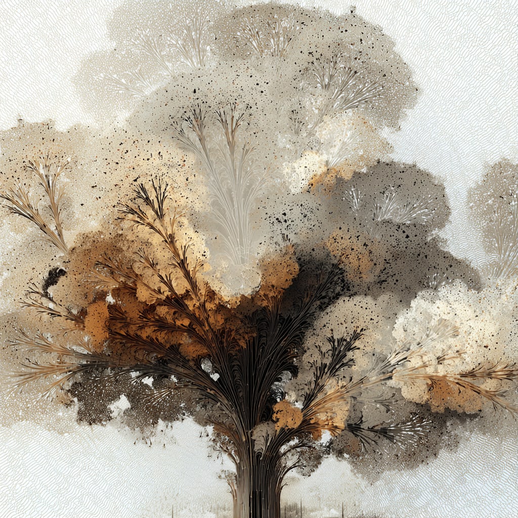 Whispers of the Ancient Grove. Acrylic print on panel. By the IAAG Artists Group. Contemporary.: Title: Whispers of the Ancient Grove Technique: Acrylic print on panel Measures: 20 × 20 inches (51 × 51 cm) Year: Contemporary Condition: Excellent condition. Elegant layered composition with refin