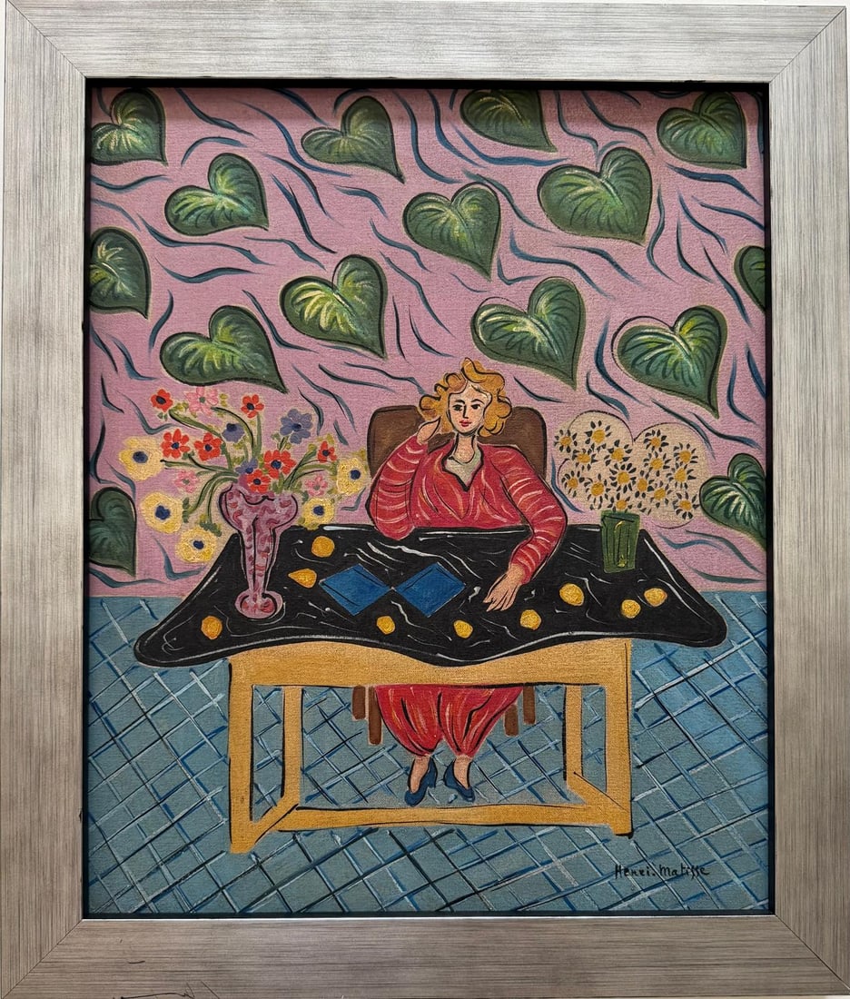 Henri Matisse French 1869–1954 Oil on Canvas painting Interior in the Style of, Dufy, Fauvist Era: Title: Woman at a Decorative Table Technique: Oil on canvas Measures: 17 x 17 inches (43.2 x 43.2 cm) Year: Mid-20th Century Modernist Period Condition: Good condition. Surface presents stable pigment