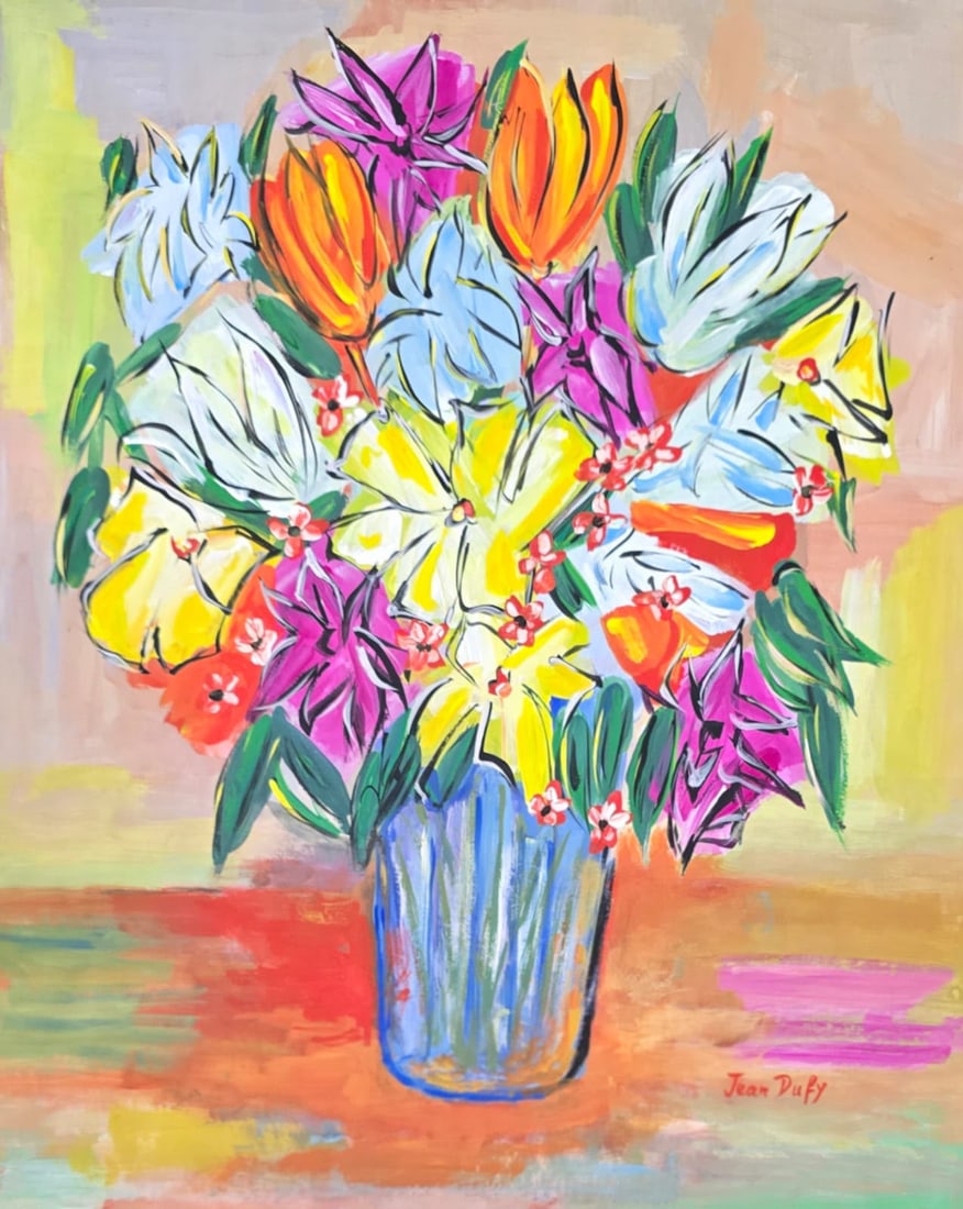 Jean Dufy French 1888–1964 Watercolor on Paper Floral Still Life in the Style of, Matisse, Fauvist: Title: Vibrant Floral Bouquet in Blue Vase Technique: Watercolor on paper Measures: 16 x 13 inches (40.6 x 33 cm) Year: Mid-20th Century Fauvist Period Condition: Good condition. The sheet presents vi