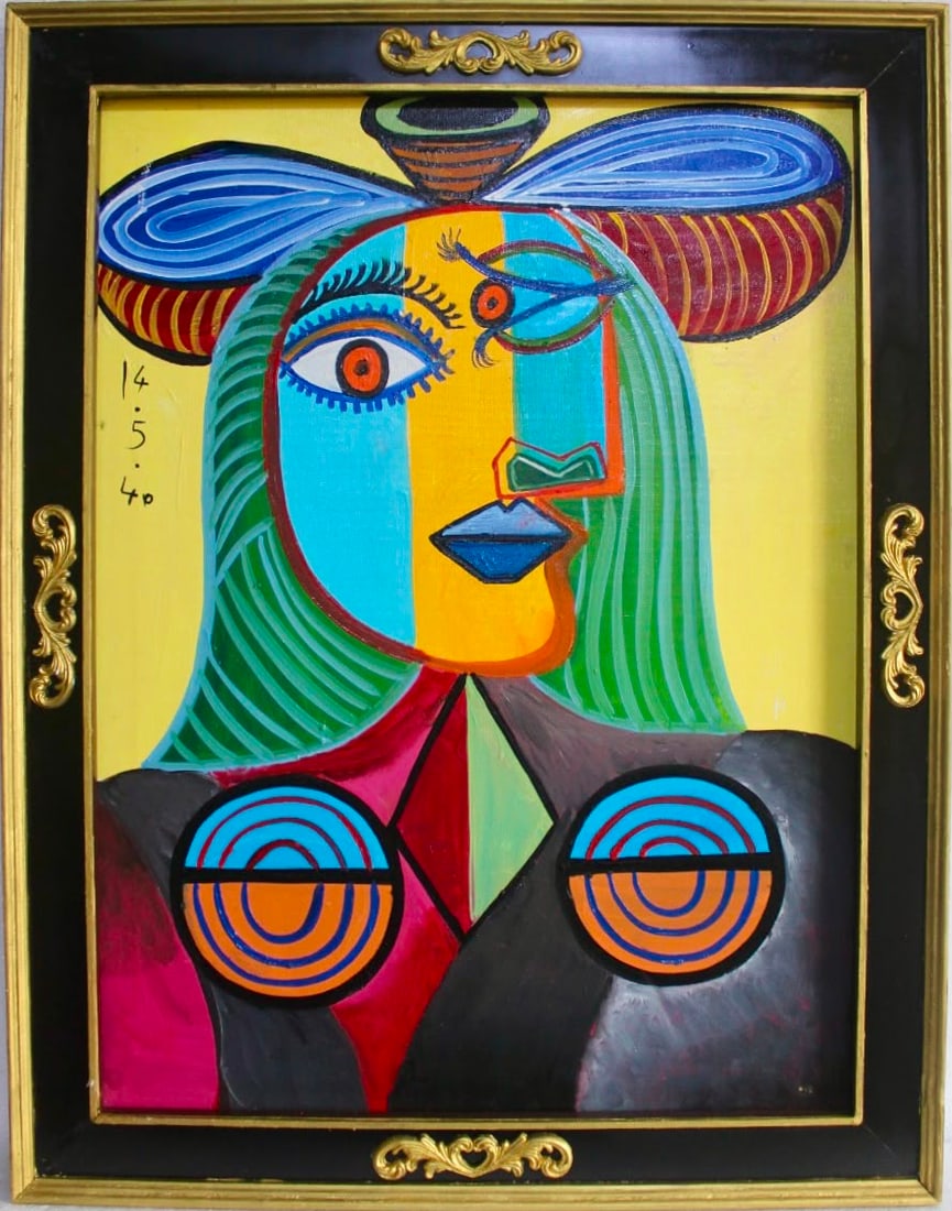 Pablo Picasso Spanish 1881–1973 Oil on Canvas Buste de Femme in the Style of, Joan Miró, Cubist: Title: Buste de Femme Technique: Oil on canvas Measures: 31 x 23 inches (78.7 x 58.4 cm) Year: Dated 14.5.40, Mid-20th Century Cubist Period Condition: Good condition. Surface presents stable pigment 