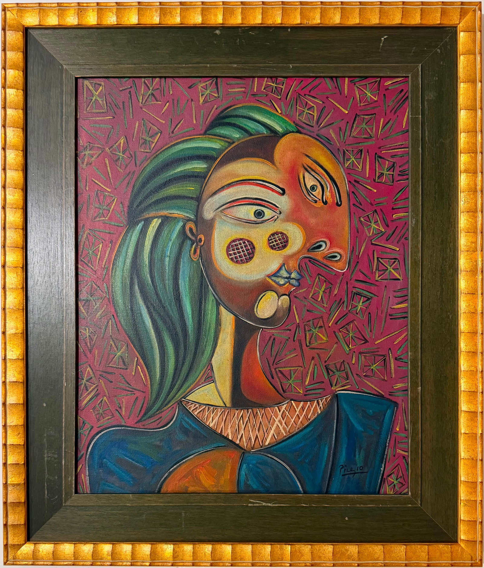 Pablo Picasso Spanish 1881–1973 Oil on Canvas Portrait de Femme in the Style of, Salvador: Title: Portrait de Femme Technique: Oil on canvas Measures: 20 x 16 inches (50.8 x 40.6 cm) Year: Mid-20th Century Cubist Period Condition: Good condition. Surface presents stable pigment application 
