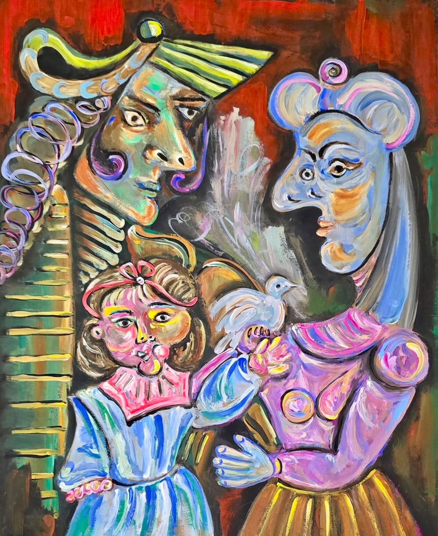 Pablo Picasso Spanish 1881–1973 Gouache on Paper Family Group in the Style of, Joan Miró, Cubist: Title: Family Group Technique: Gouache on paper Measures: 16 x 13 inches (40.6 x 33 cm) Year: Mid-20th Century Cubist Period Condition: Good condition. Colors remain vibrant with well-preserved surfac