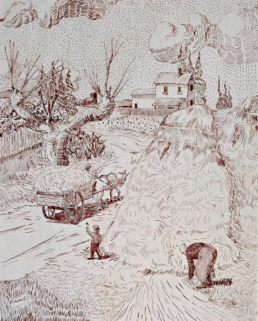 Vincent van Gogh Dutch 1853–1890 Ink on Paper Rural Harvest Scene in the Style of, Camille: Title: Rural Harvest Scene Technique: Ink on paper Measures: 14 x 12 inches (35.6 x 30.5 cm) Year: Late 19th Century Post-Impressionist Period Condition: Good condition. The paper presents well-preser