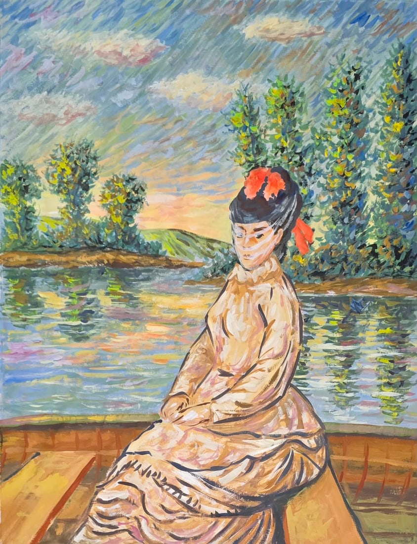 Claude Monet French 1840–1926 Watercolor on Paper Riverside Figure in the Style of,Renoir,Monet: Title: Woman by the River Technique: Watercolor on paper Measures: 17 x 13 inches (43.2 x 33 cm) Year: Late 19th Century Impressionist Period Condition: Good condition. The paper presents well-preserv