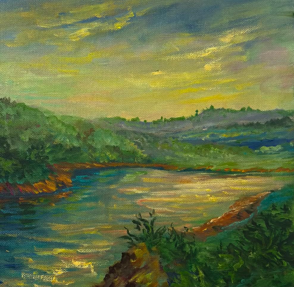 Claude Monet French 1840–1926 Oil on Canvas River Landscape in the Style of, Alfred Sisley,Degas: Title: Evening Reflections on the River Technique: Oil on canvas Measures: 11 x 11 inches (27.9 x 27.9 cm) Year: Late 19th Century Impressionist Period Condition: Good condition. Surface presents stab