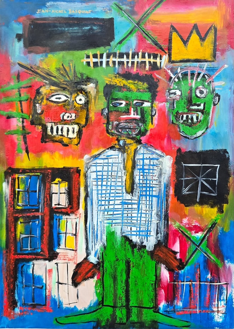 Jean-Michel Basquiat American 1960–1988 Oil Stick on Paper Neo-Expressionist in the styke of: Title: Untitled Figure with Crown Technique: Oil stick on paper Measures: 18 x 13 inches (45.7 x 33 cm) Year: Late 20th Century Neo-Expressionist Period Condition: Good condition. Surface presents sta