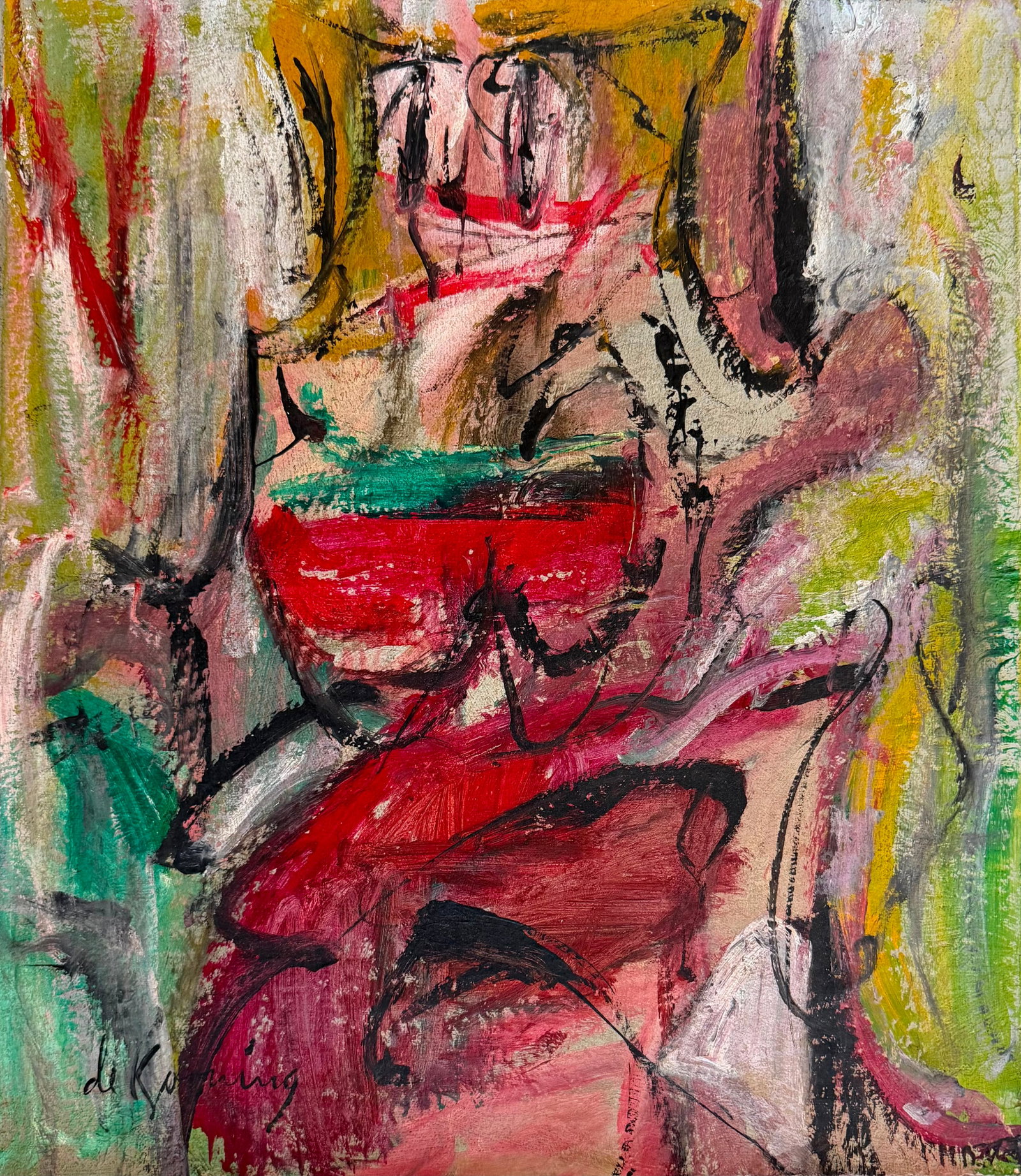 Willem de Kooning American 1904–1997 Oil on Canvas Seated Woman in the Style of, Abstract Era: Title: Seated Woman Composition Technique: Oil on canvas Measures: 17 x 15 inches (43.2 x 38.1 cm) Year: Circa 1950s Condition: Good condition. Surface presents stable pigment application with express