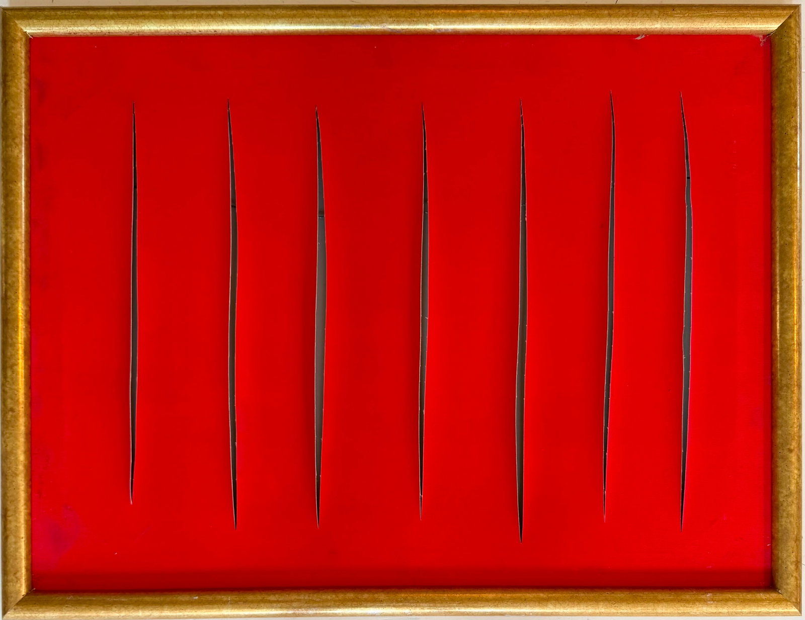 Lucio Fontana Italian 1899–1968 Oil on Canvas Spatialism Composition in the Style of Abstract Era: Title: Concetto Spaziale Technique: Oil on canvas Measures: 24 x 31 inches (61 x 78.7 cm) Year: 1965 Condition: Good condition. Surface presents stable pigment application with strong color saturation