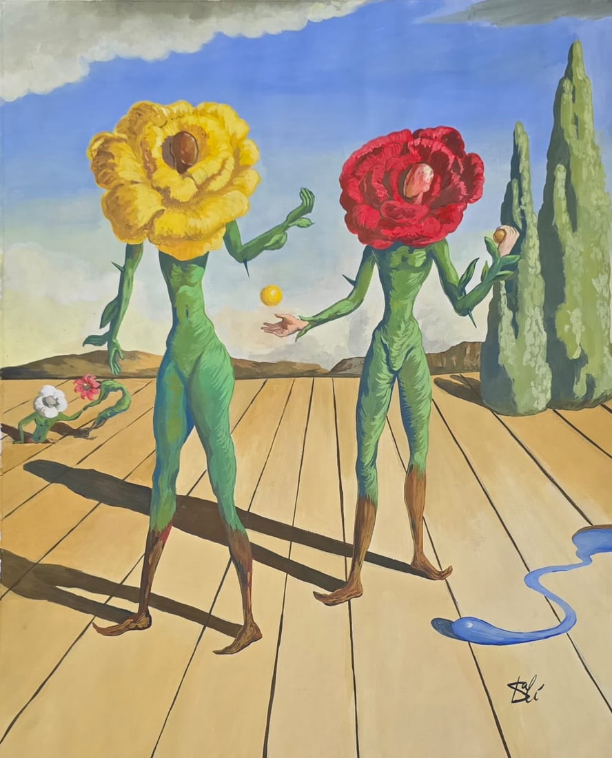 Salvador Dalí Spanish 1904–1989 Gouache on Paper Surrealist Composition in the Style of,: Title: Floral Figures Technique: Gouache on paper Measures: 15 x 11 inches (38.1 x 27.9 cm) Year: Circa 1970s Condition: Good condition. Surface presents stable gouache application with vibrant color 
