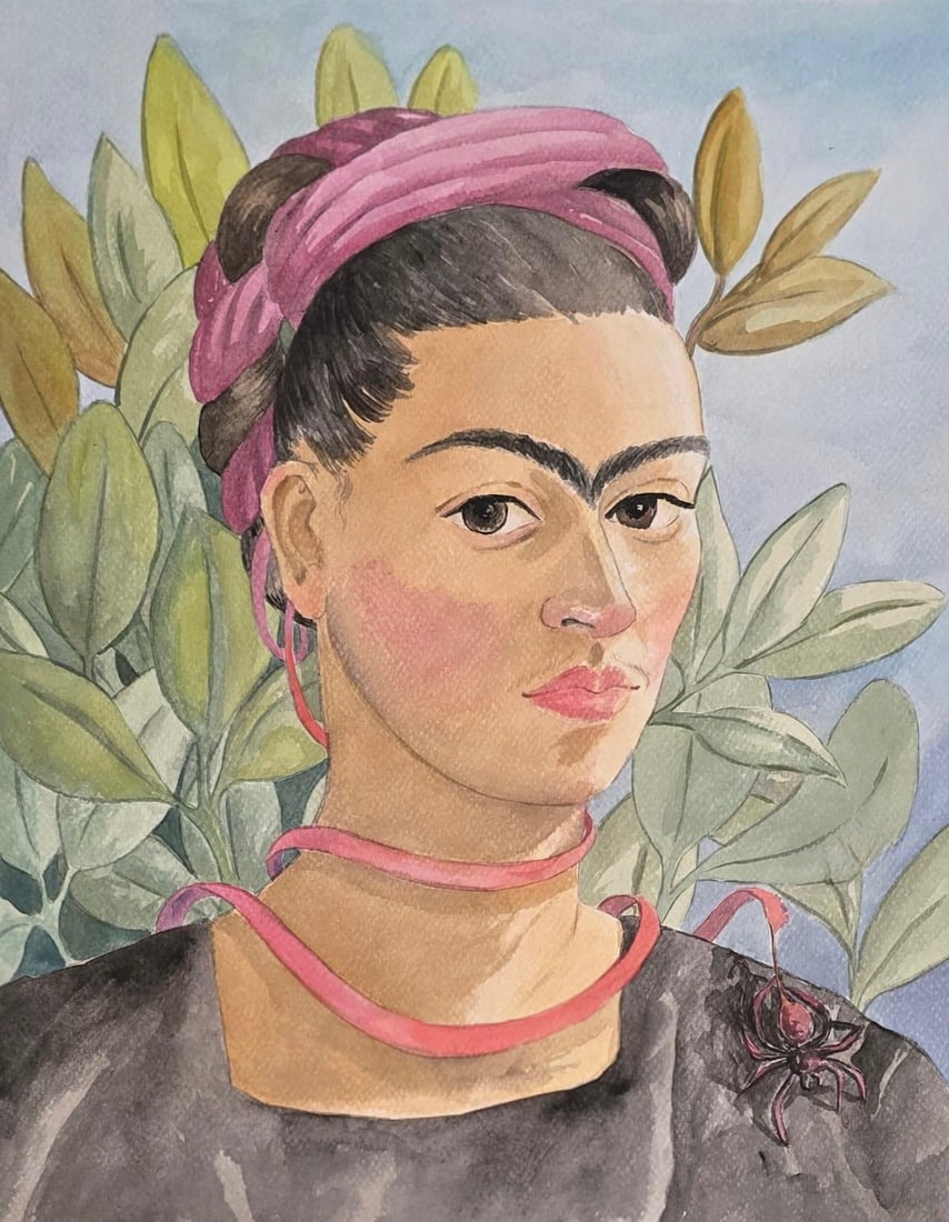 Frida Kahlo Mexican 1907–1954 Watercolor/Paper Portrait Composition in the Style of,Rivera & Kahlo: Title: Self-Portrait with Thorn Vine Technique: Watercolor on paper Measures: 16 x 12 inches (40.6 x 30.5 cm) Year: Circa 1940s Condition: Good condition. Surface presents stable watercolor applicatio