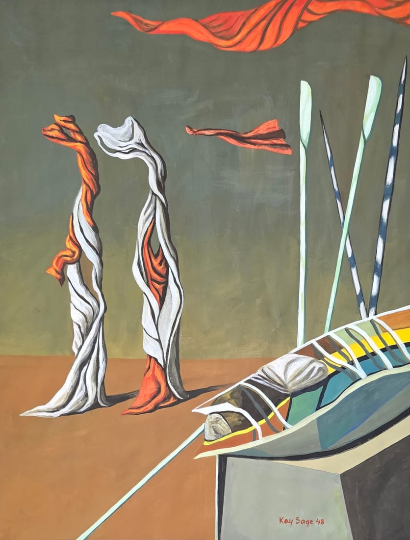 Kay Sage American 1898–1963 Gouache on Paper Surrealist Composition in the Style of, Tanguy & Sage: Title: Draped Forms and Silent Vessel Technique: Gouache on paper Measures: 16 x 12 inches (40.6 x 30.5 cm) Year: Circa 1948 Condition: Good condition. Surface presents stable gouache application with