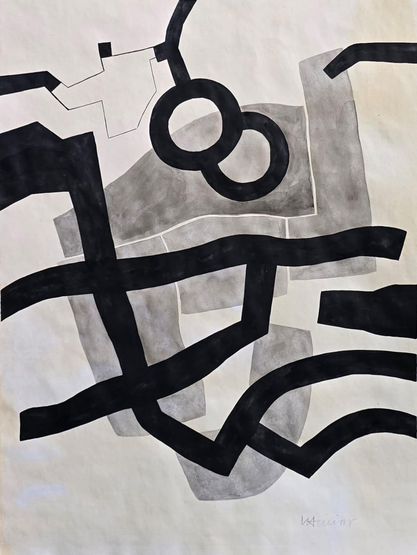 Eduardo Chillida Spanish 1924–2002 Ink on Paper Abstract Composition in the Style of, Abstraction: Title: Abstract Composition with Interlocking Forms Technique: Ink on paper Measures: 15 x 11 inches (38.1 x 27.9 cm) Year: Late 20th Century Condition: Good condition. Surface presents stable ink app