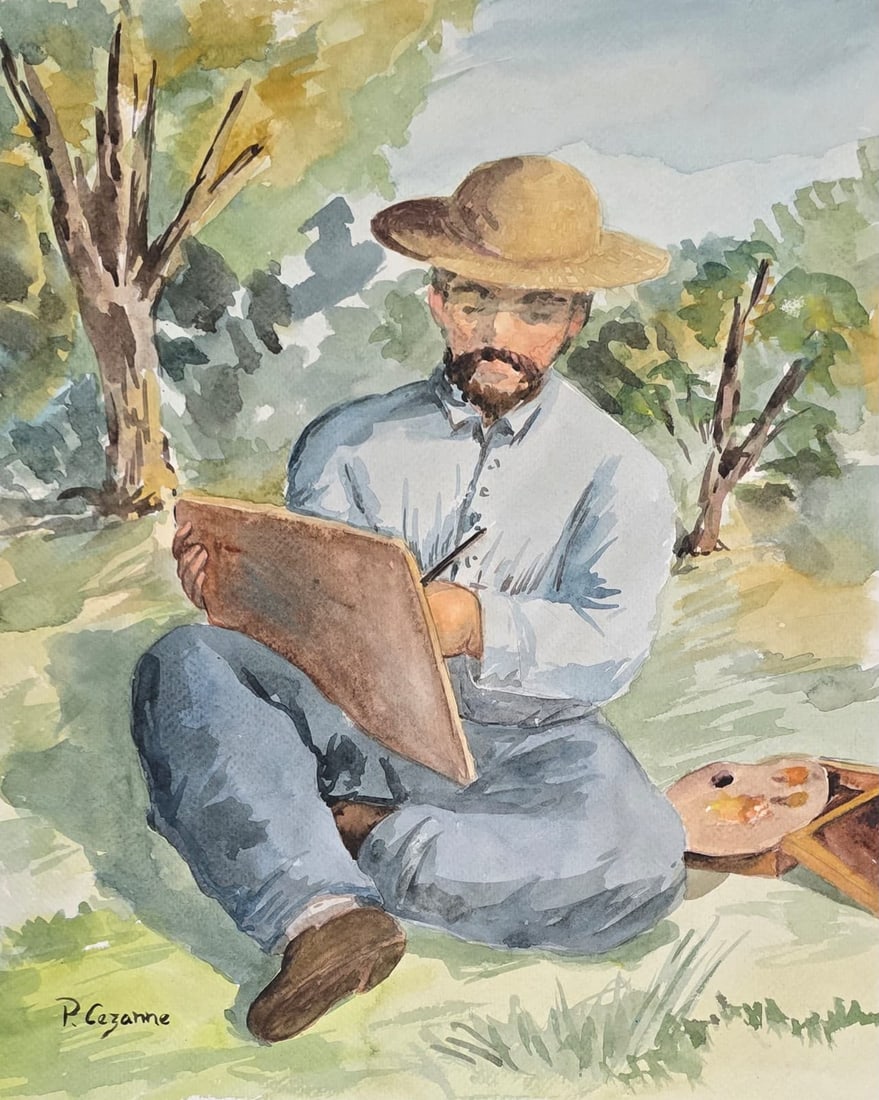 Paul Cezanne French 1839–1906 Watercolor on Paper Portrait Study in the Style of, Impressionism: Title: Artist Painting Outdoors Technique: Watercolor on paper Measures: 13 x 11 inches (33 x 27.9 cm) Year: Late 19th Century Impressionist Tradition Condition: Good condition. Surface presents stabl
