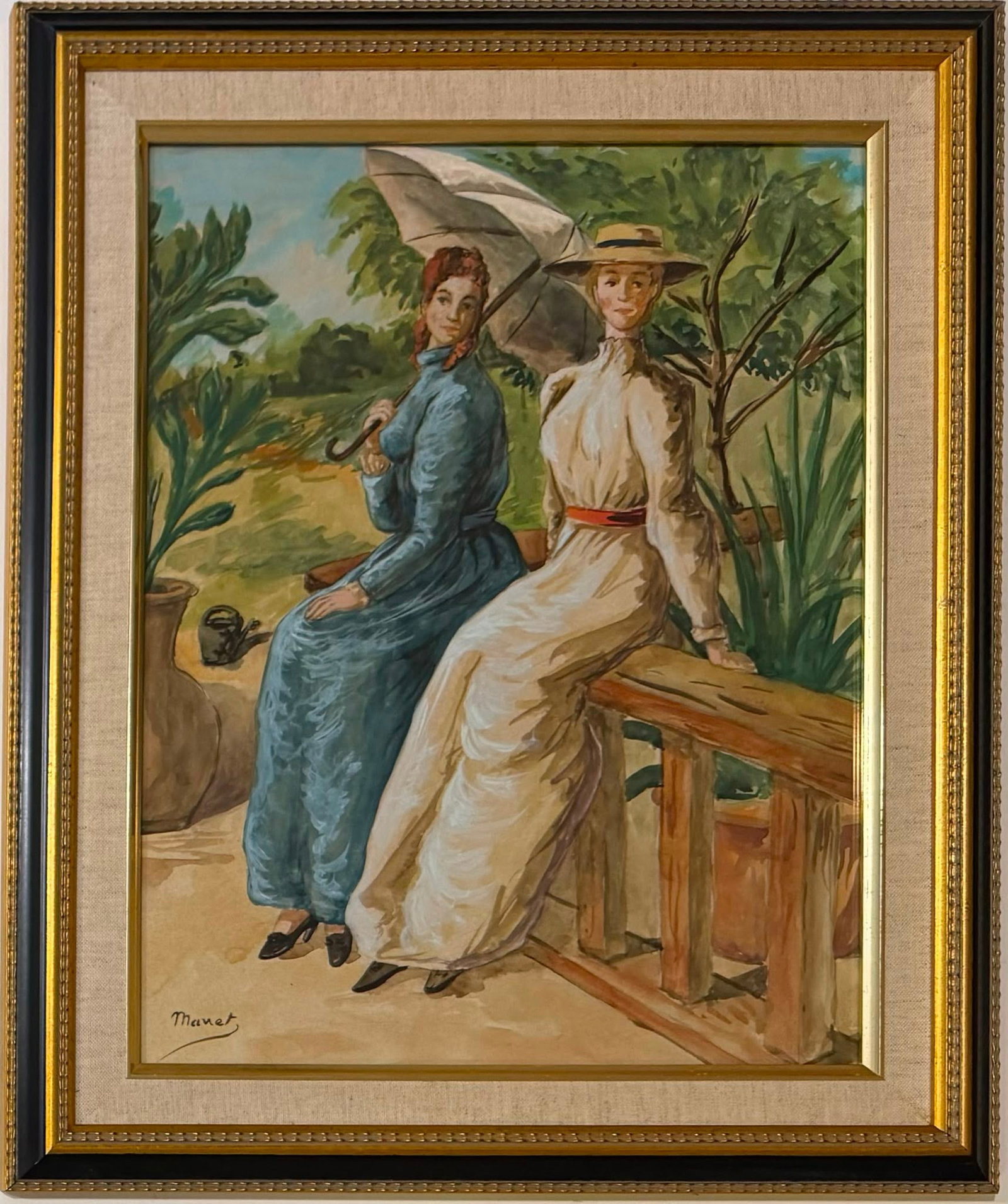 Edouard Manet French 1832–1883 Watercolor on Paper Garden Figures in the Style of, Impressionism: Title: Two Elegant Women in a Garden Technique: Watercolor on paper Measures: 15 x 12 inches (38.1 x 30.5 cm) Year: Early 20th Century Condition: Good condition. Surface presents stable pigment applic