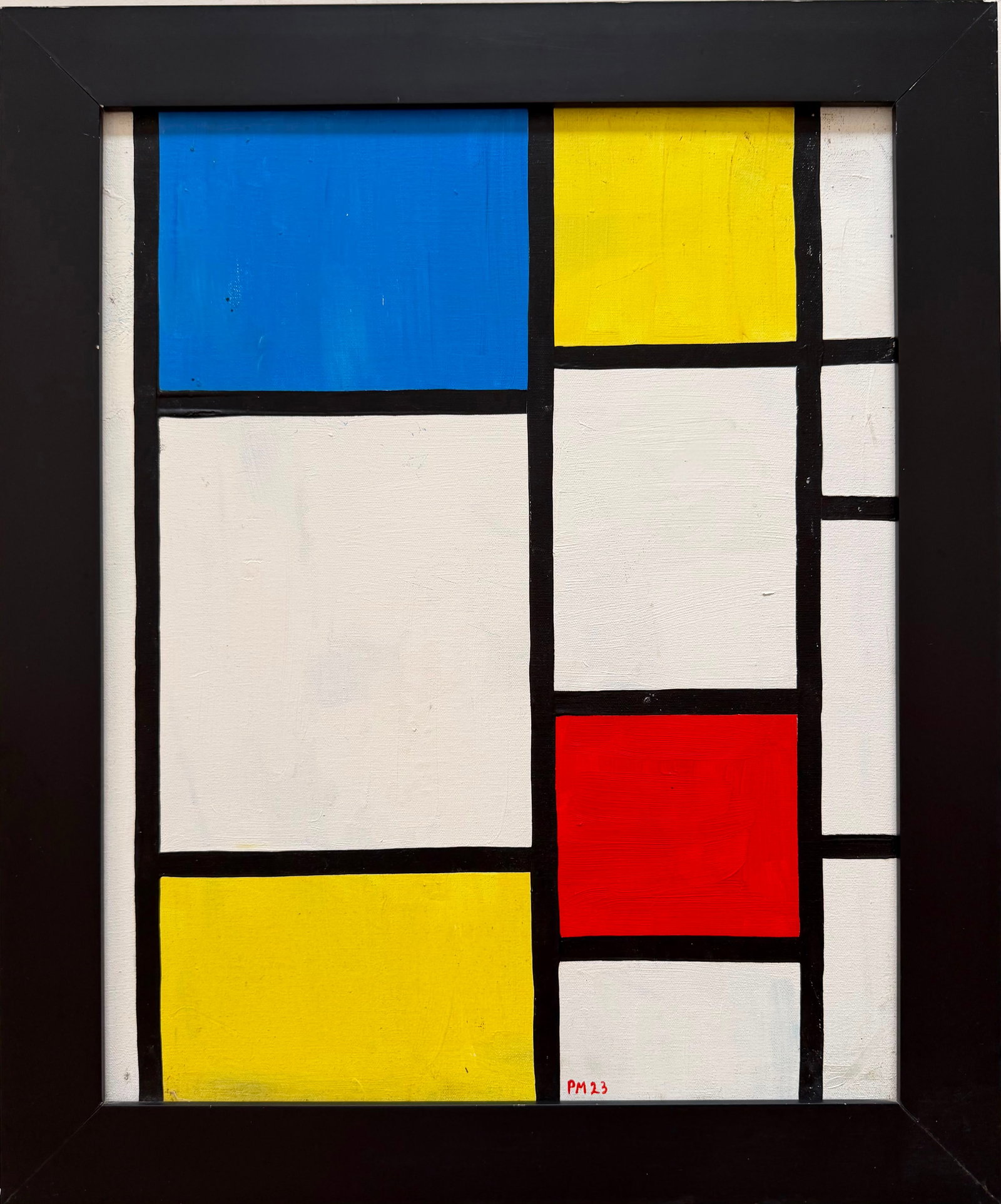 Piet Mondrian Dutch 1872–1944 Oil on Canvas Geometric Composition in the Style of, De Stijl: Title: Geometric Composition in Primary Colors Technique: Oil on canvas Measures: 20 x 16 inches (50.8 x 40.6 cm) Year: Mid-20th Century Condition: Good condition. Surface presents stable pigment appl
