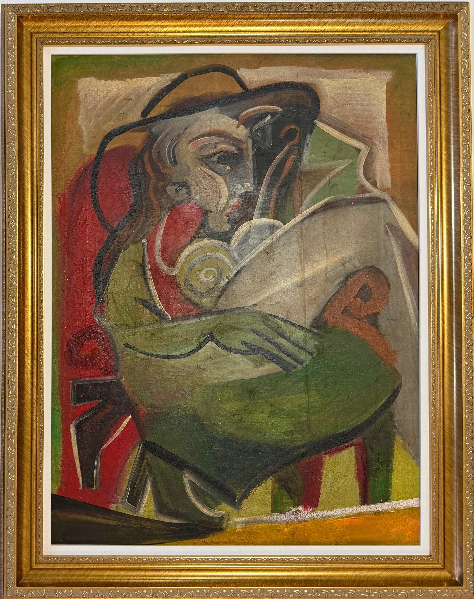 Pablo Picasso Spanish 1881–1973 Oil on Canvas Painting Seated Cubist Figure in the Style of,: Title: Seated Cubist Figure Technique: Oil on canvas Measures: Approximately 31 x 23 inches (78.7 x 58.4 cm) Year: Mid 20th Century Condition: Good condition. The surface presents stable paint layers 