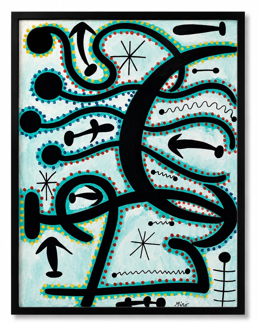 Joan Miro Spanish 1893–1983 Oil on Canvas Abstract Composition in the Style of, Surrealist Era: Title: Celestial Abstract Composition Technique: Oil on canvas Measures: 31 x 22 inches (78.7 x 55.9 cm) Year: Mid-20th Century Condition: Good condition. Surface presents stable oil application with 