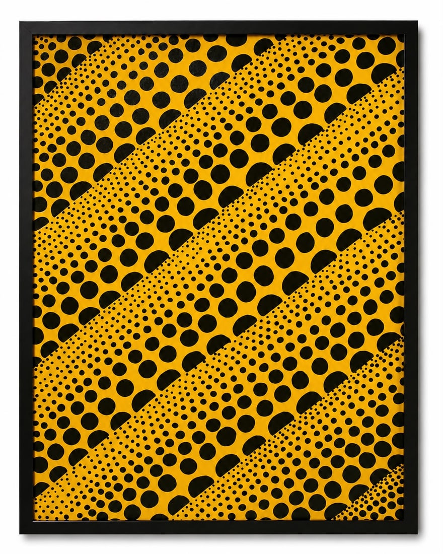 Yayoi Kusama Japanese Born 1929 Oil on Canvas Painting Yellow Infinity Dots in the Style of, Haring: Title: Yellow Infinity Dot Composition Technique: Oil on canvas Measures: 27 x 19 inches (68.6 x 48.3 cm) Year: Contemporary Condition: Good condition. The surface presents stable paint layers with vi