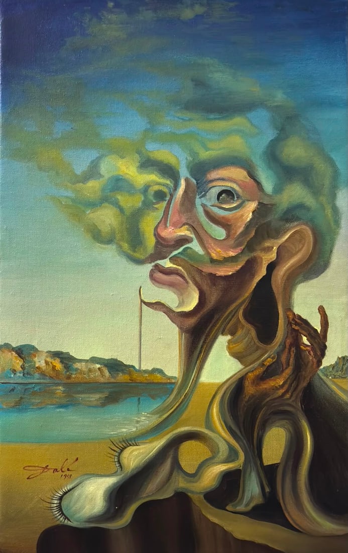 Salvador Dali Spanish 1904–1989 Oil on Canvas Painting Surrealist Portrait in the Style of,: Title: Surrealist Metamorphosis of the Mind Technique: Oil on canvas Measures: Approximately 31 x 23 inches (78.7 x 58.4 cm) Year: Mid 20th Century Condition: Good condition. The surface presents stab