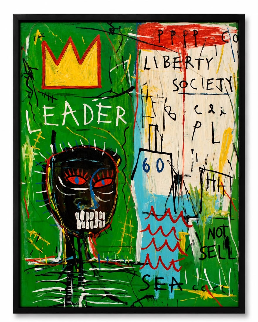Jean-Michel Basquiat American 1960–1988 Acrylic on Canvas Painting Crown in the Style of: Title: Yellow Crown Leader Technique: Acrylic on canvas Measures: 31 x 23 inches (78.7 x 58.4 cm) Year: Late 20th Century Condition: Good condition. The surface presents stable acrylic application wit