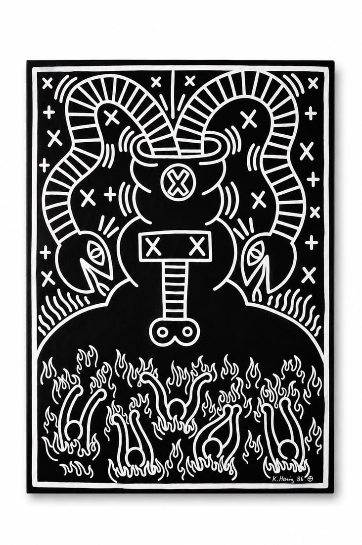 Keith Haring American 1958–1990 Acrylic on Canvas Painting Black Symbolic Composition in the Style (1 of 3)