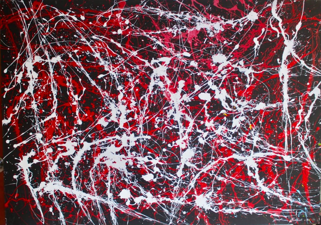 Jackson Pollock American 1912–1956 Oil and on Canvas Painting Abstract in the Style of De Kooning: Title: Crimson Energy Composition Technique: Oil and enamel on canvas Measures: 39 x 55 inches (99 x 140 cm) Year: Mid 20th Century Condition: Good condition. The surface presents stable paint layers 
