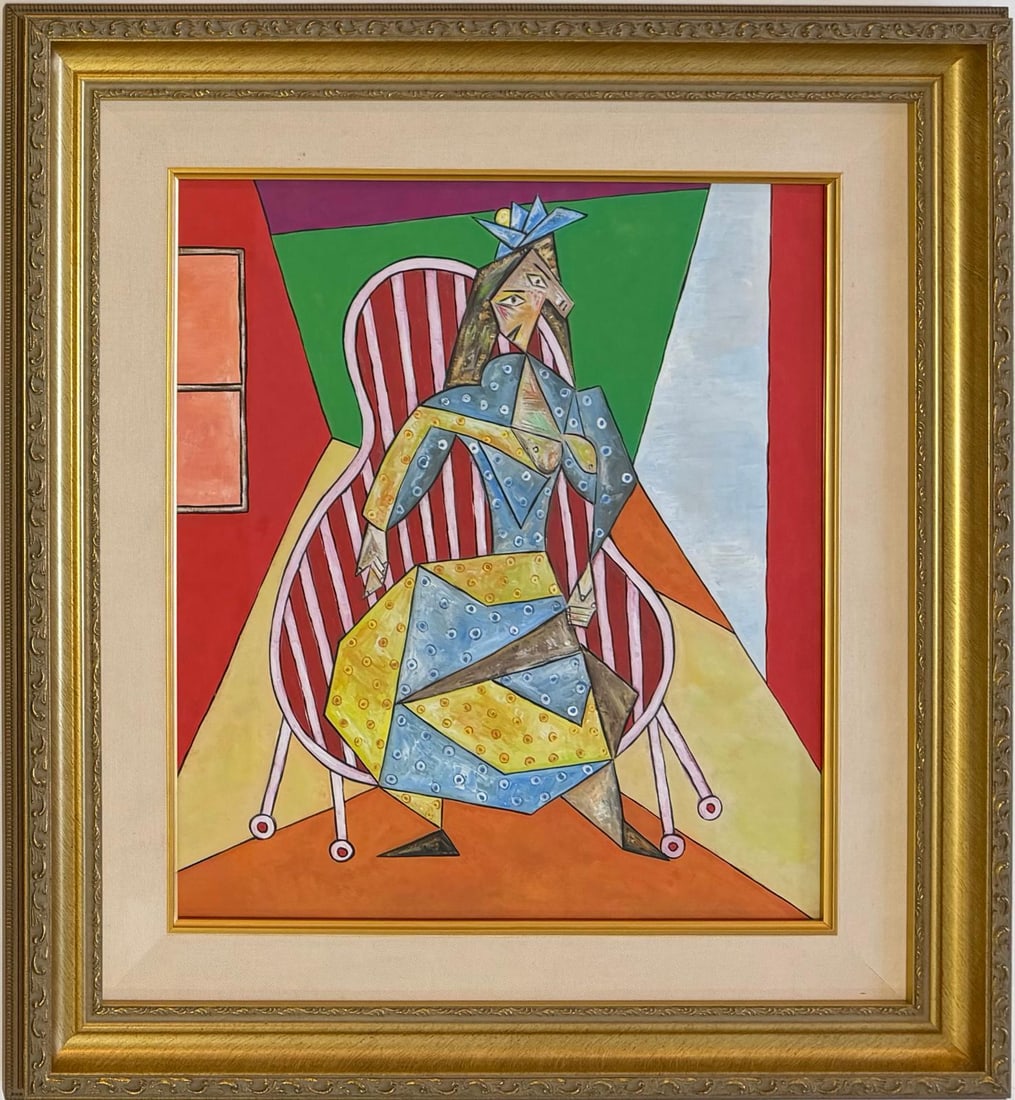 Pablo Picasso Spanish 1881–1973 Gouache on Paper Painting Seated Woman in the Style of Dali,Cubis: Title: Seated Woman in Blue Dress Technique: Gouache on paper Measures: 20 x 18 in br> Year: Mid 20th Century Condition: Good condition. The paper presents vibrant coloration and stable pigment applic