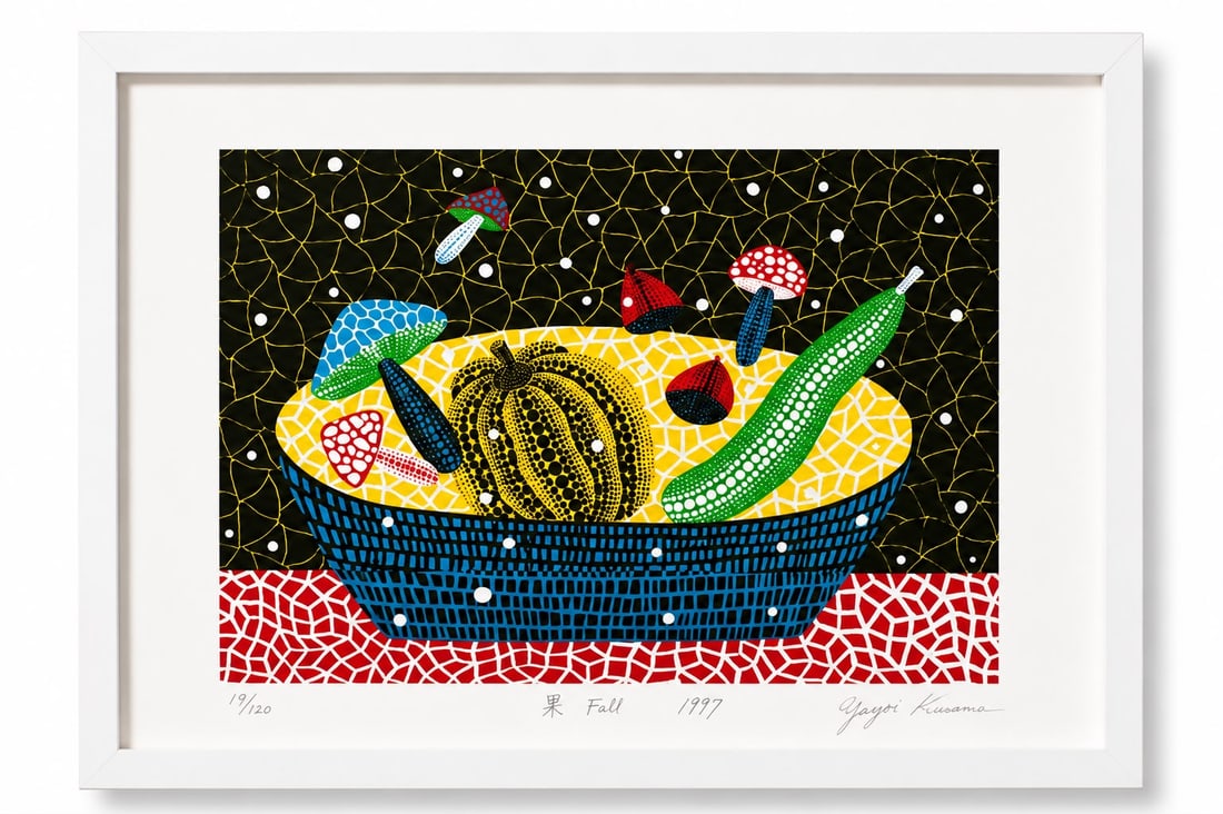 Yayoi Kusama Japanese Born 1929 Lithograph Fruit Fall in the Style of, Contemporary Era: Title: Fruit Fall Technique: Lithograph on paper Measures: 13 x 17 inches Year: Contemporary Condition: Good condition. Well preserved with vibrant colors and clean margins. Minor handling wear consis