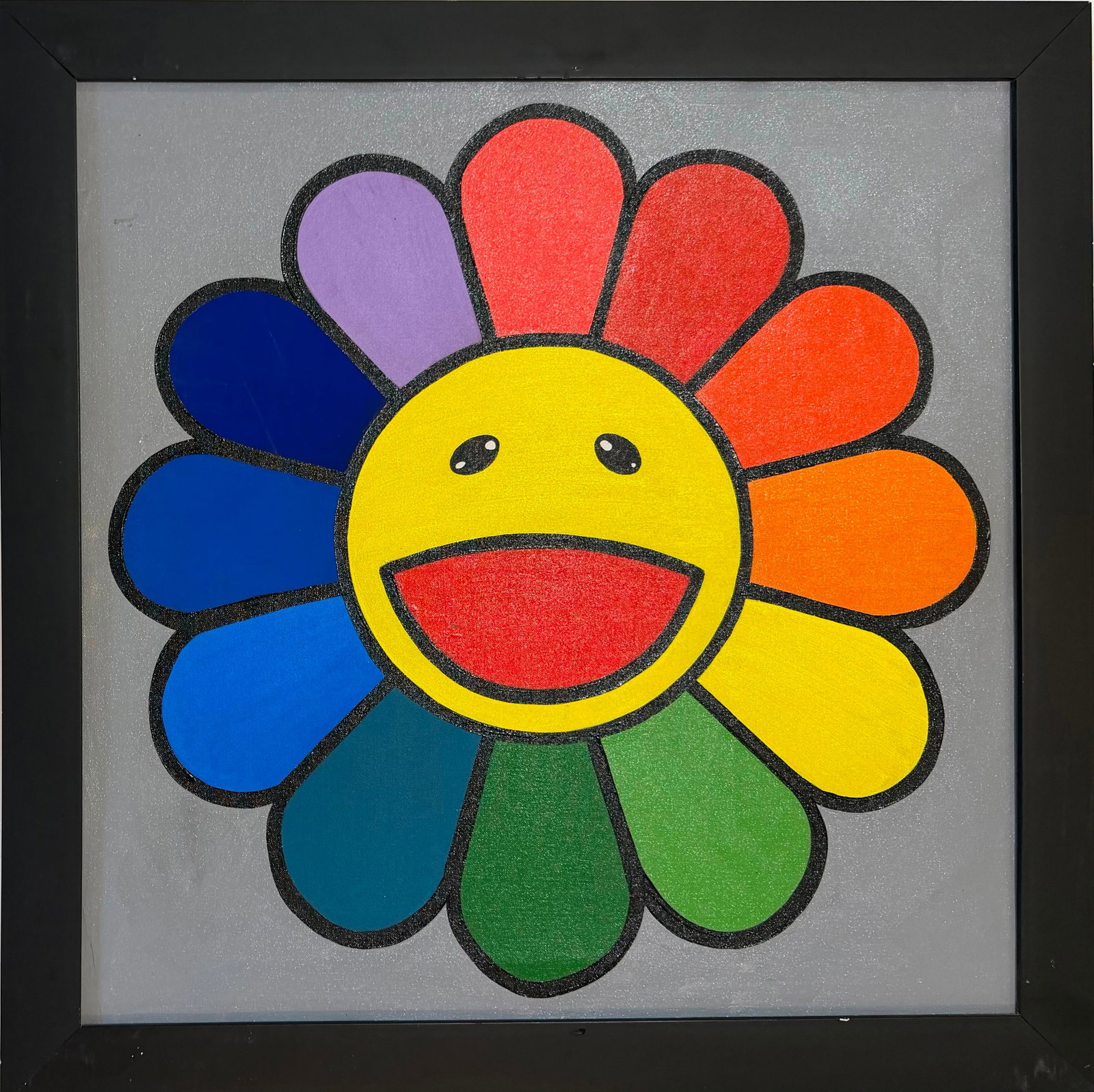 Takashi Murakami Japanese Born 1962 Acrylic on Canvas Painting Smiling Flower in the Style of, Super: Title: Rainbow Smiling Flower Technique: Acrylic on canvas Measures: 24 x 24 inches Year: Contemporary Condition: Good condition. Bright, vibrant colors with stable paint layers and minor wear consist