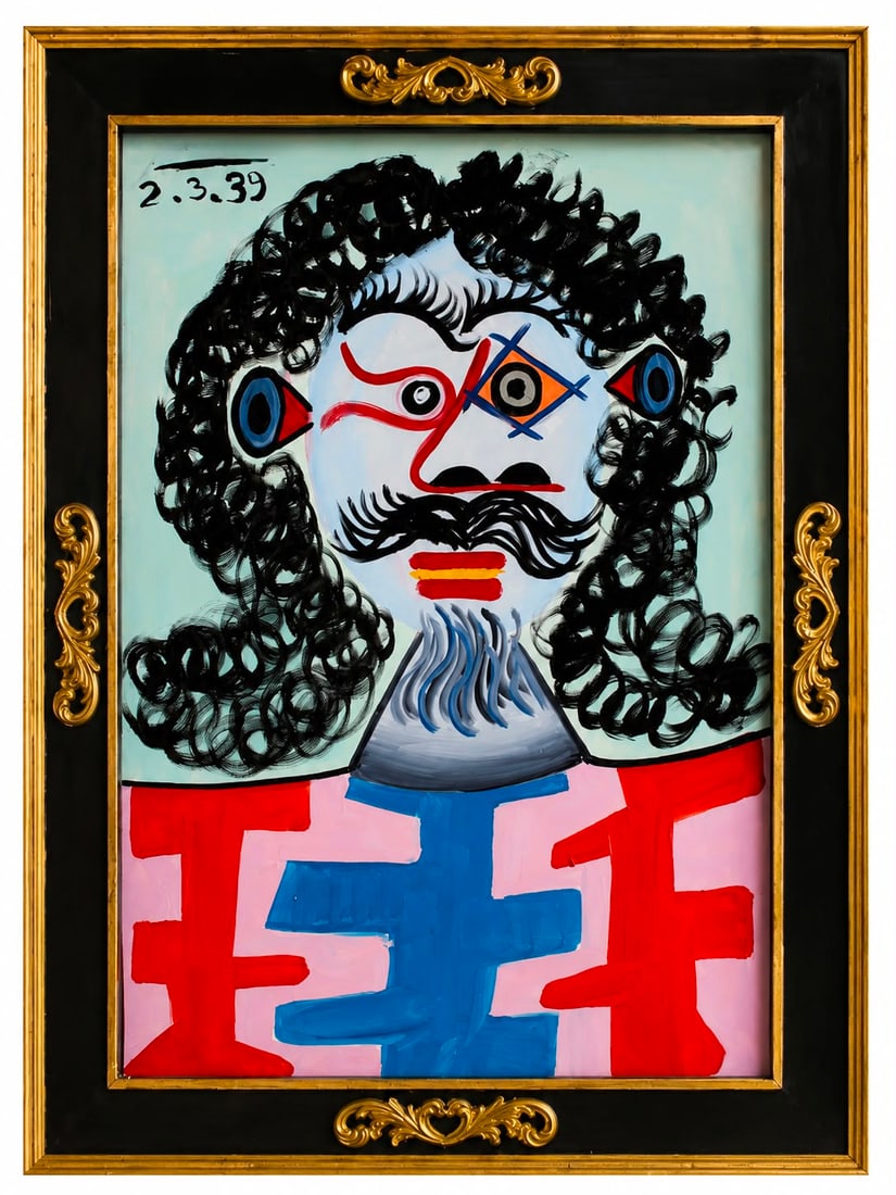 Pablo Picasso Spanish 1881–1973 Oil on Canvas Painting Gentleman in the Style of Braque, Cubist: Title: Portrait of a Gentleman Technique: Oil on canvas Measures: 31 x 23 inches Year: Mid 20th Century Condition: Good condition. Stable paint surface with vibrant colors and expressive brushwork. Mi