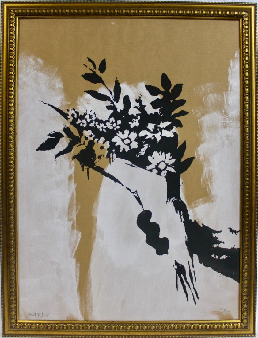 Banksy British Born 1974 Acrylic on Canvas Painting Flower Thrower in the Style of, Street Art Era: Title: Floral Gesture Technique: Acrylic on canvas Measures: 29 x 21 inches Year: Contemporary Condition: Good condition. Stable paint surface with crisp stencil-like imagery and minor wear consistent