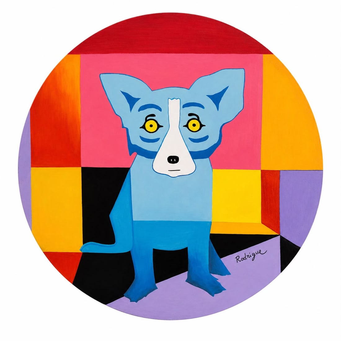 George Rodrigue American 1944-2013 Oil on Canvas Painting Blue Dog in the Style of, Pop Art Era: Title: Blue Dog Technique: Oil on canvas Measures: 31 inches diameter Year: 2001 Condition: Good overall condition. The painting displays vivid colors and light surface wear consistent with age. Ready