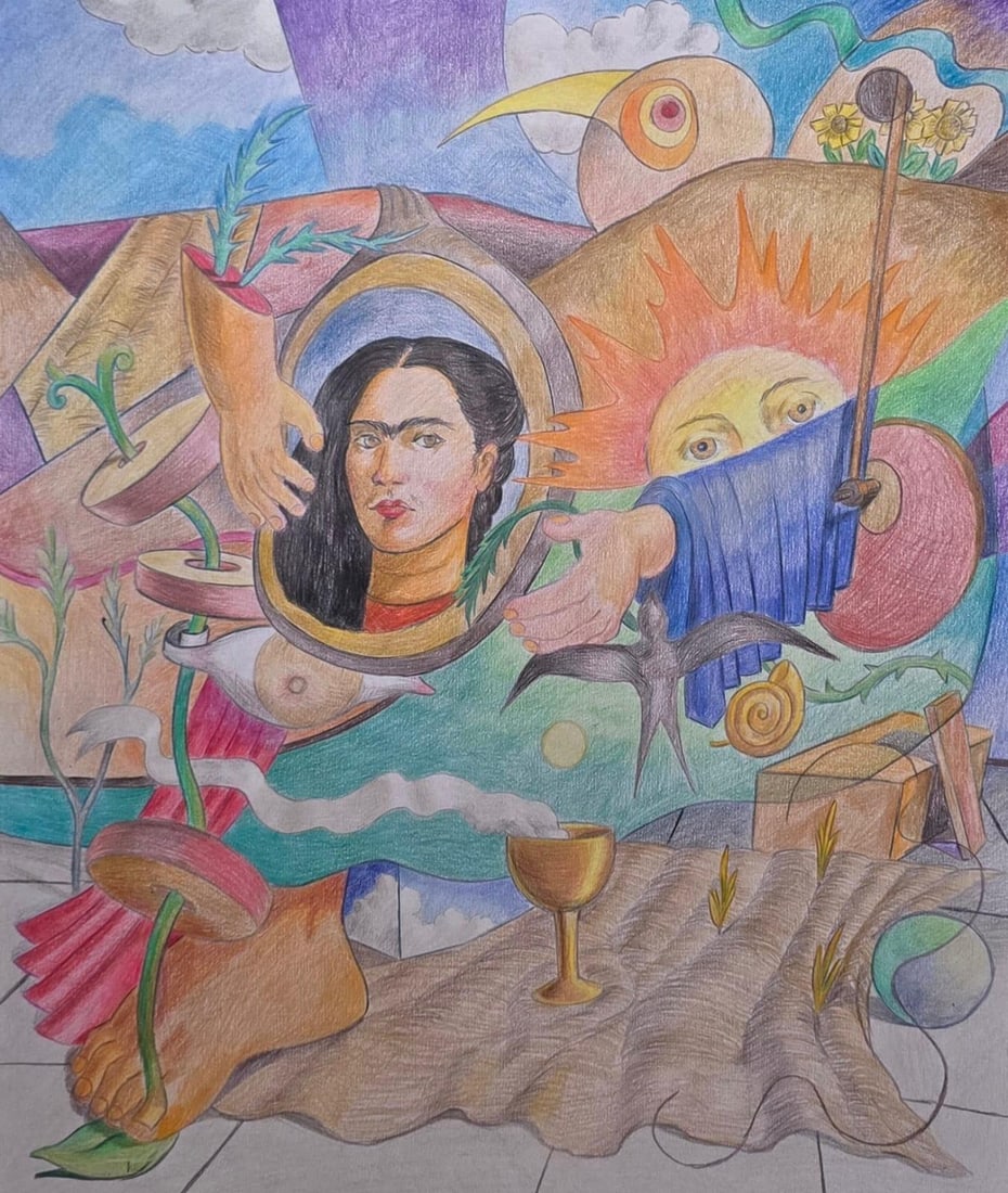 Frida Kahlo Mexican 1907–1954 Watercolor on Paper Painting in the Style of, Surrealist Era: Title: Surreal Self-Portrait Composition Technique: Watercolor on paper Measures: 15 x 12 inches Year: Contemporary Condition: Good overall condition. Colors remain vibrant with minor handling wear co