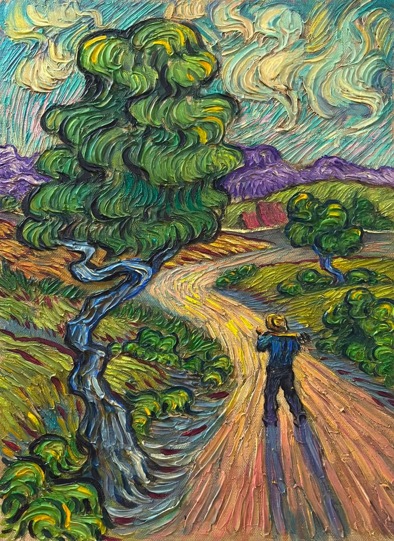 Vincent van Gogh Dutch 1853–1890 Oil on Canvas Painting Road Figure in the Style of Gauguin,: Technique: Oil on Canvas Measures: 15 x 11 inches Year: Contemporary Condition: Good overall condition. Rich impasto and vivid colors remain well preserved. Provenance: Private European Collection; la
