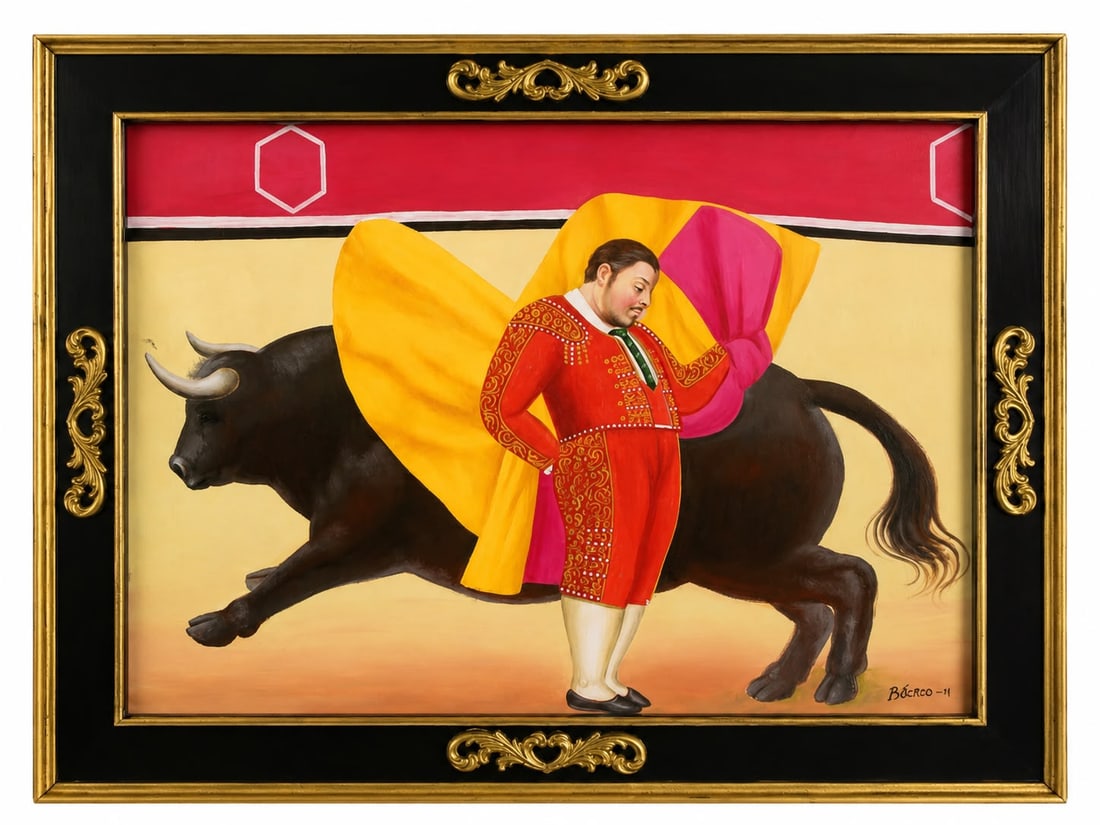 Fernando Botero Colombian 1932–2023 Oil on Canvas Painting Bullfighter in the Style of Picasso,: Technique: Oil on Canvas Measures: 20 x 27 inches Year: Contemporary Condition: Good overall condition with light wear consistent with age. Provenance: From the Estate of a Prominent Florida Collector