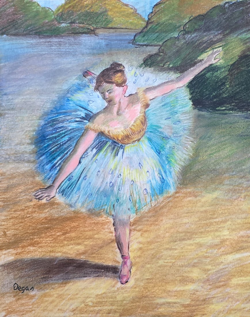 Edgar Degas French 1834–1917 Pastel on Paper Painting Dancer by Water in the Style of Renoir,: Technique: Pastel on Paper Measures: 14 x 11 inches Year: Contemporary Condition: Good overall condition with bright colors and minimal handling wear. Provenance: Private Texas Collection; acquired th