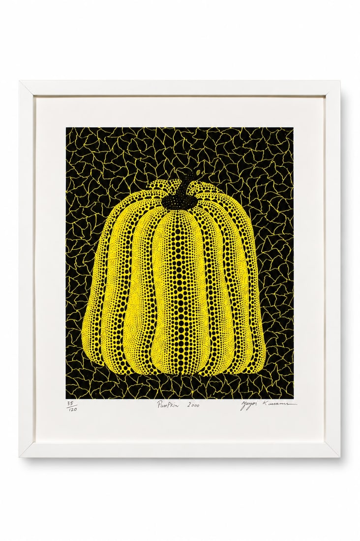 Yayoi Kusama Japanese Born 1929 Lithograph Pumpkin in the Style of, Contemporary Pop Art Era: Title: Pumpkin Technique: Lithograph on paper Measures: 20 x 18 inches Year: 2000 Condition: Good overall condition. Professionally framed and well preserved.Provenance: Private Midwest Collection; fo