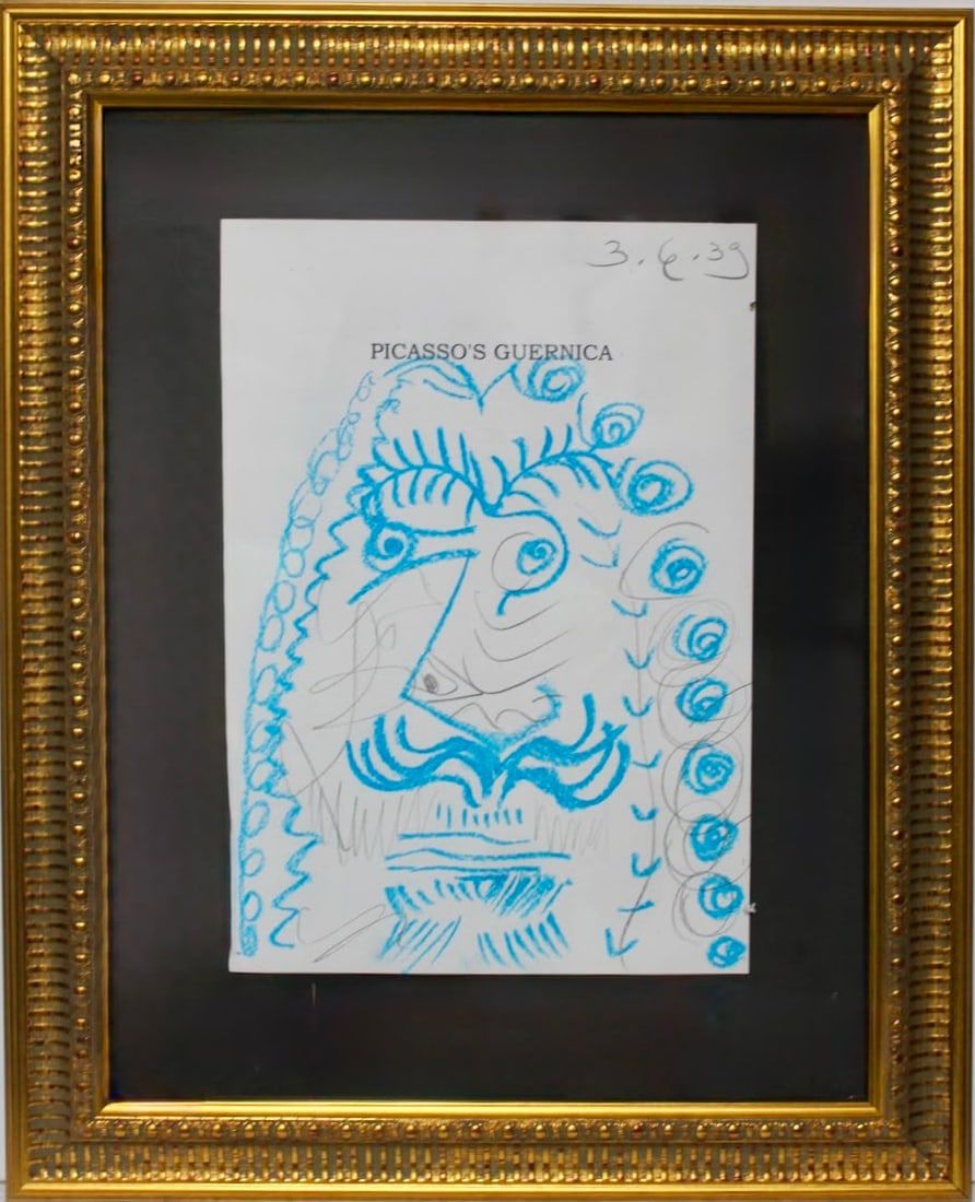 Pablo Picasso Spanish 1881–1973 Crayon on Paper Painting Portrait de Homme in the Style of, Cubist: Title: Portrait de Homme Technique: Crayon on paper Measures: 11 x 8 inches Year: 1969 Condition: Good overall condition. Professionally framed with light age-related wear.Provenance: Private Collecti