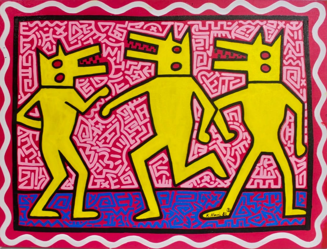 Keith Haring American 1958–1990 Acrylic on Canvas Painting Three Musicians in the Style of, Pop: Title: Three Musicians Technique: Acrylic on canvas Measures: 23 x 31 inches Year: Contemporary Condition: Good overall condition. Bright colors and clean surface with minimal wear.Provenance: From a 