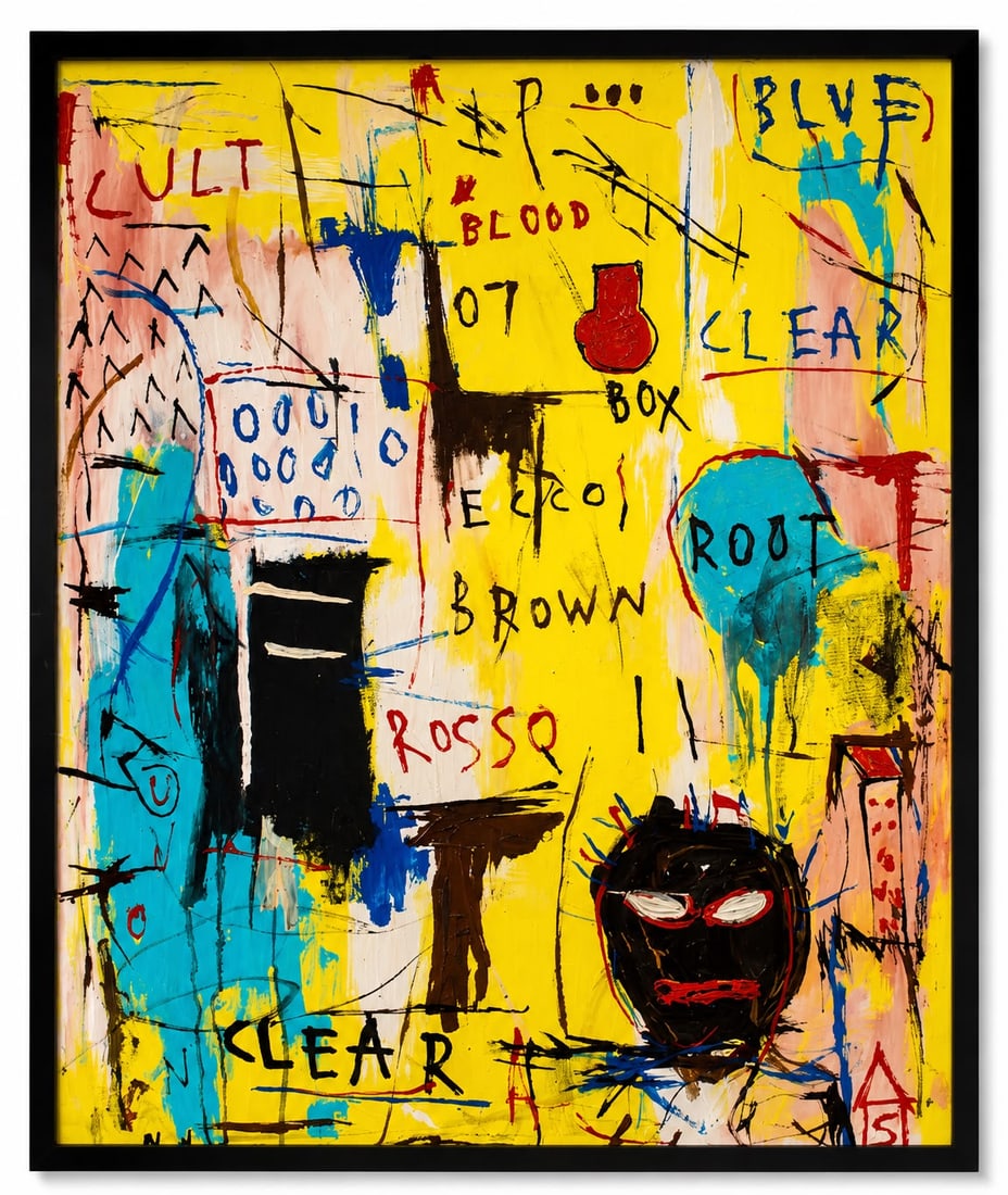 Jean-Michel Basquiat American 1960–1988 Acrylic on Canvas Painting in the Style of Harining era: Title: Root Theory Technique: Acrylic on canvas Measures: 31 x 23 inches (78.7 x 58.4 cm) Year: Contemporary Condition: Good condition. Surface presents stable acrylic application with vibrant color s