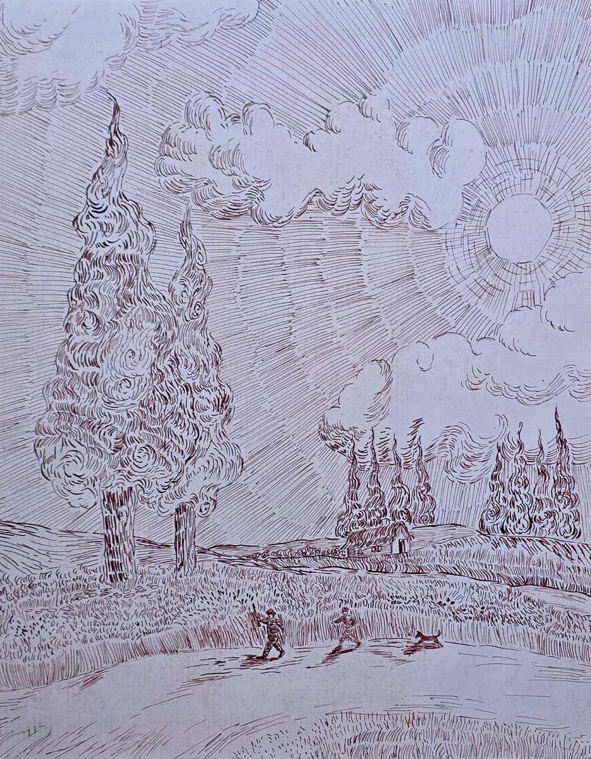 Vincent van Gogh Dutch 1853–1890 Ink on Paper Iris Landscape in the Style of, Post-Impressionist: Title: Iris Landscape Technique: Ink on paper Measures: 15 x 12 inches (38.1 x 30.5 cm) Year: Late 19th Century Tradition Condition: Good condition. Surface presents stable ink application with expres