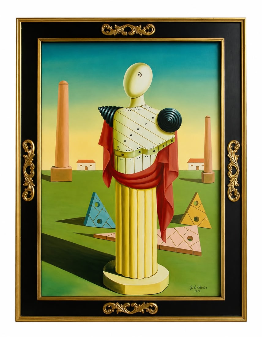 Giorgio de Chirico Italian 1888–1978 Oil on Canvas Metaphysical Composition in the Style of: Title: Metaphysical Figure with Architectural Forms Technique: Oil on canvas Measures: 28 x 20 inches (71.1 x 50.8 cm) Year: Mid-20th Century Condition: Good condition. Surface presents stable pigment