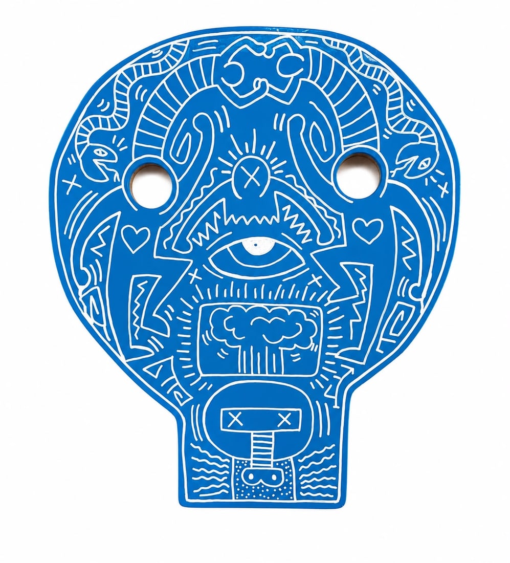 Keith Haring American 1958–1990 Acrylic on Masonite Symbolic Composition in the Style of, Pop Art: Title: Blue Skull Composition Technique: Acrylic on masonite Measures: 22 x 19 inches (55.9 x 48.3 cm) Year: Contemporary Condition: Good condition. Surface presents stable acrylic application with vi