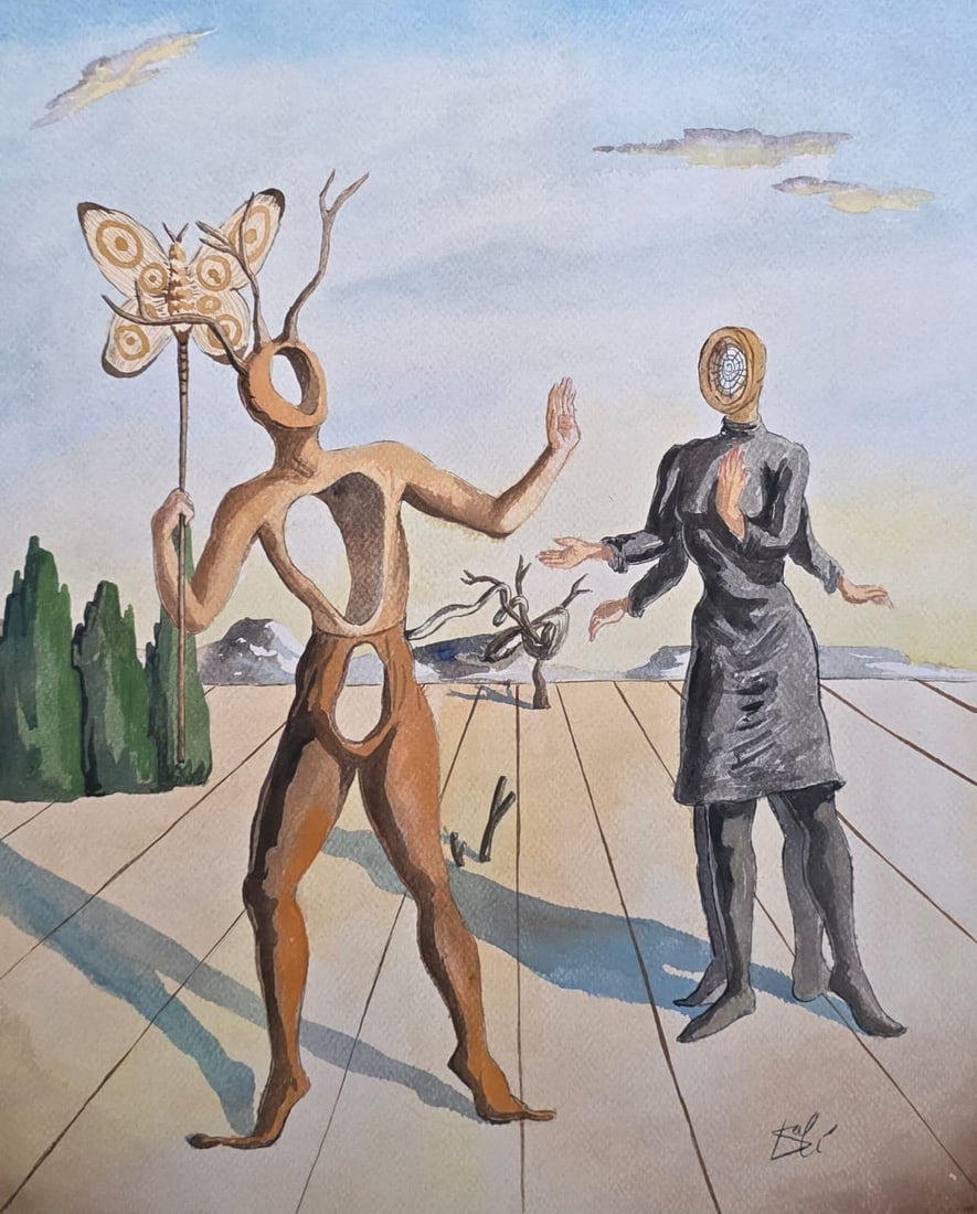Salvador Dalí Spanish 1904–1989 Gouache on Paper Surrealist Composition in the Style of, René: Title: Dialogue of Dream Figures Technique: Gouache on paper Measures: 16 x 13 inches (40.6 x 33 cm) Year: Mid-20th Century Condition: Good condition. Surface presents stable gouache application with 